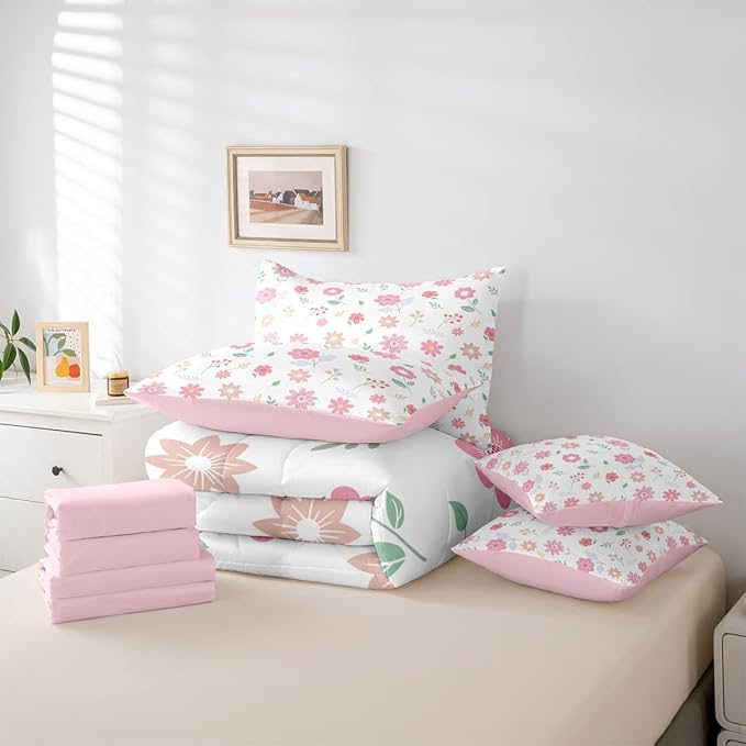 Feelyou Cute Flower 7 Piece Bedding Set Fresh Flower Floral Comforter Set with Sheets for Kids Boys Girls Nature Plants Bed in a Bag Pink Green Bed Set Soft Lightweight