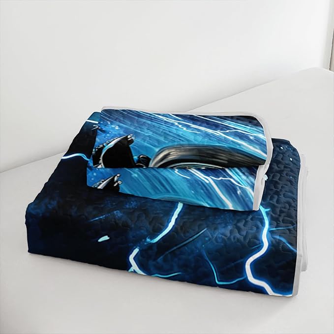 Blue Motorcycle Racing Motocross Rider Quilt Bedding Full 3Pcs Extreme Sport Flag Bed Set Thunder Lightning Pattern Bedspread Coverlet with 2 Pillowcases for Kid Boy Girl Teen Adult Room Decor
