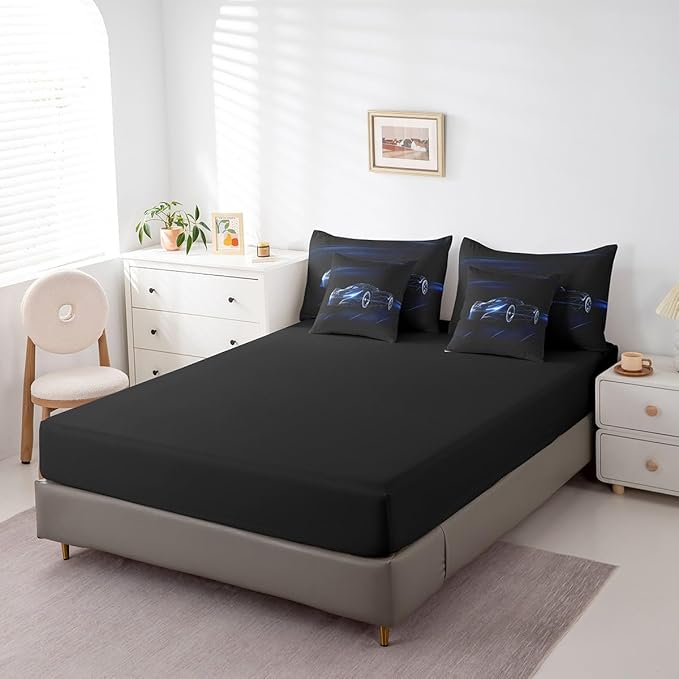 Feelyou Blue Race Car 7 Piece Bedding Set King Size for Kids Boys Extreme Sport Games Comforter Set with Sheets Teens Toddler Fast and Furious Bed in a Bag Cool Modern Bed Set