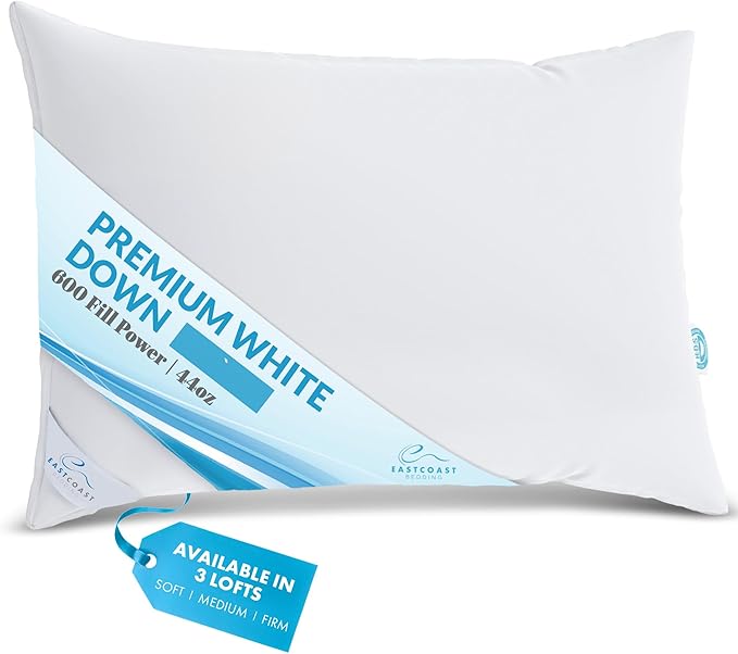 Luxury Duck Down Pillow - White Duck Down Pillow with 600 Fill Power, 400 Thread Count, 100% Cotton Cover - Firm Pillows for Sleeping and Support - Standard, 20"x26" (1 Pack)