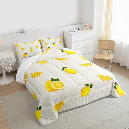 Lemon Comforter Set for Boys Girls Kids Teens,3-Pieces Yellow Fruit Print Bedding Comforter Full Size,Summer Cool Printed Quilt Set with 2 Pillowcases