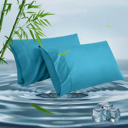 Standard Pillowcases, Cooling Viscose from Bamboo Pillow Covers with Envelope Closure, Soft Moisture-Wicking for Hot Sleepers, Hair and Skin-Friendly, Blue, 2 Pack