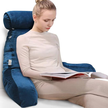 Reading Pillow for Sitting in Bed Adult with Detachable Neck Roll & Big Backrest Pillow for Bed Sitting up with Arms Side Pocket Shredded Foam Back Pillows Chair Pillow with Washable Cover