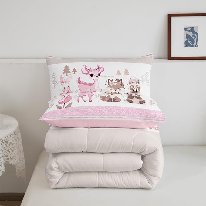 jejeloiu Cute Pink Deer Bedding Set Toddle Size Kawaii Forest Animal Comforter Set for Kids Girls Pink Flower Stripe Duvet Set Rabbit Quilt Set 2Pcs