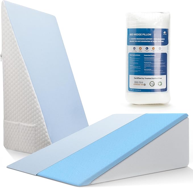 [2025 New 7.5" Memory Foam Wedge Pillow for Sleep Apnea, Sleeping, Acid Reflux Relief, Snoring, Dual Sided Cooling & Warm Fabric Triangle Pillow Wedge for After Surgery, Back, Leg - Blue