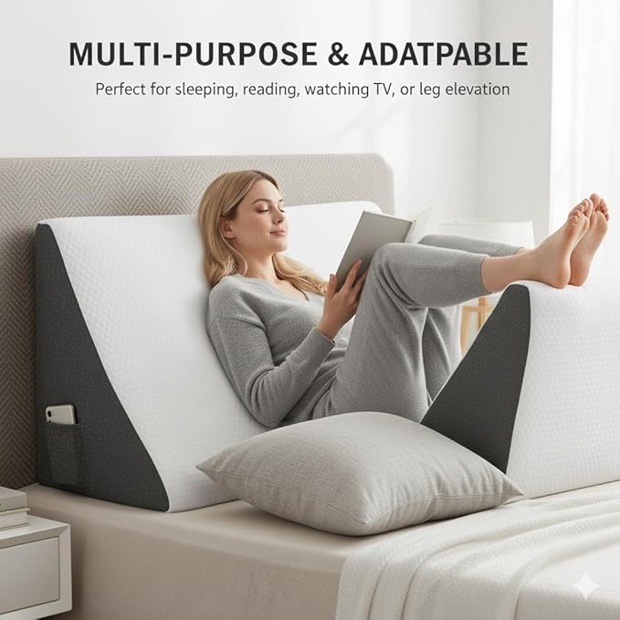 Wedge Pillow for Sleeping – Memory Foam Bed Wedge for Acid Reflux, Snoring, Back & Leg Elevation, Post-Surgery Recovery – Ergonomic Triangle Pillow with Removable White & Grey Washable Cover