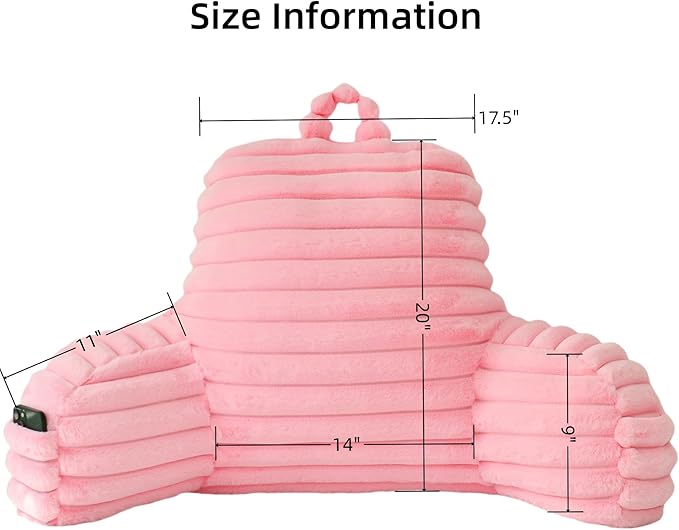 Yaoshuho Large Reading Pillow for Adults, Back Support Pillow for Sitting Up in Bed with Arms, Couch for Lounging Bedrest, Pink
