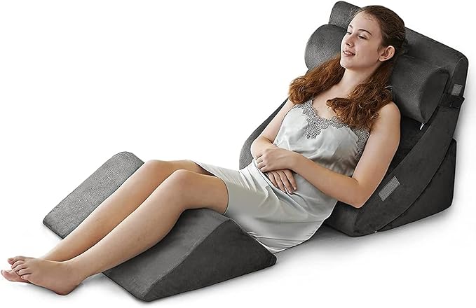 Ganaver 4pcs Orthopedic Bed Wedge Pillow Set Post Surgery Relaxing Back Adjustable Head Support Cushion Triangle Memory Foam Pillow for Acid Reflux Sleeping Reading Leg Elevation Snoring