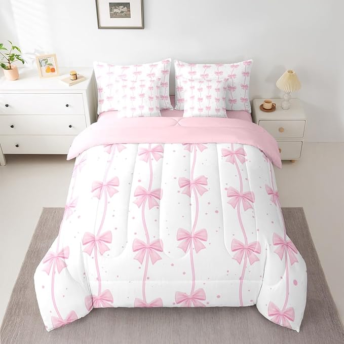 Feelyou Pink Bow 7 Piece Bedding Set Pretty Bowknot Comforter Set with Sheets for Kids Boys Girls Pink White Bed in a Bag Cute Wave Dot Bed Set Soft Lightweight