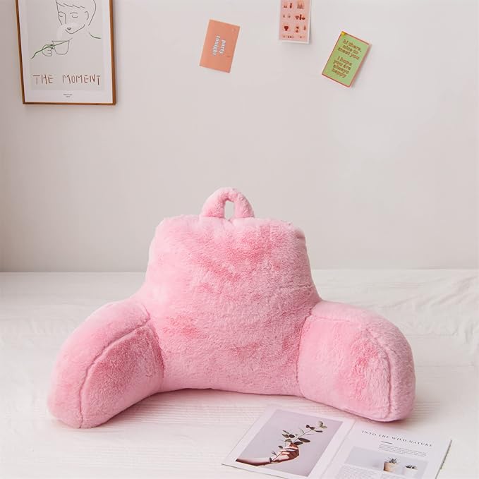 A Nice Night Faux Fur Reading Pillow Bed Wedge Large Adult Children Backrest with Arms Back Support for Sitting Up in Bed/Couch for Bedrest,BabyPink