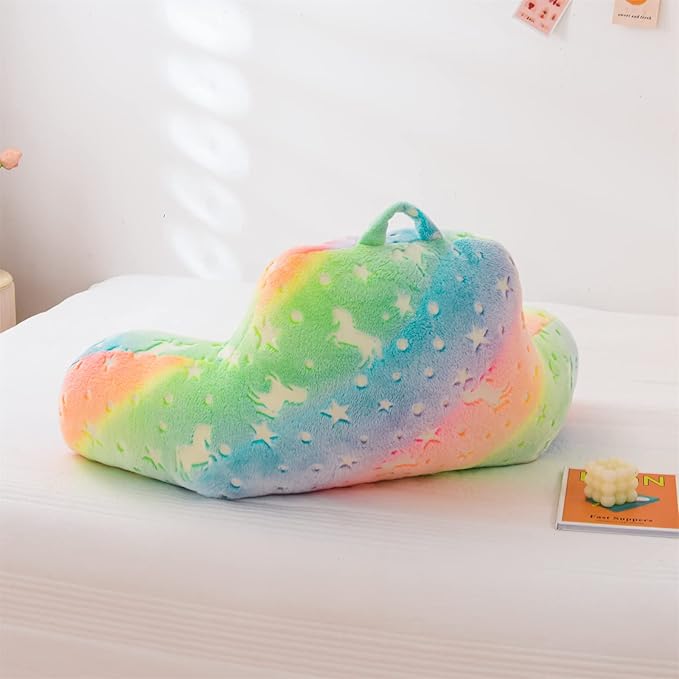 Meeting Story Colorful Gradient Rainbow Star Unicorn Luminous Reading Pillows Glow in The Dark with Arms Back Pillow for Bed, Bed Rest Pillow for Adults Teens, Kids, (Yellow-Pink)