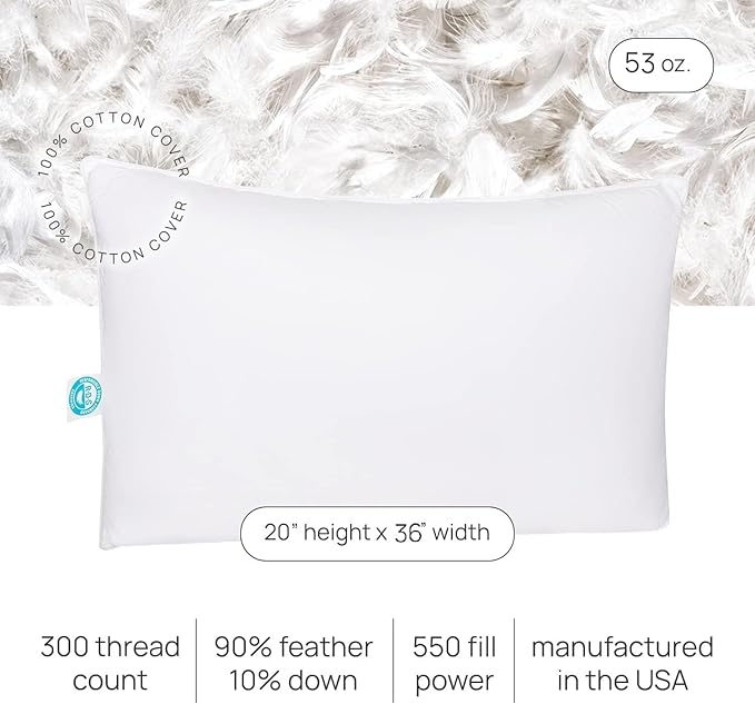 Pure Dream Firm Pillow - King Pillow Medium Support, King Size 20x36 Inch Goose Feather Down Pillows, 100% Cotton Shell, Pack of 1