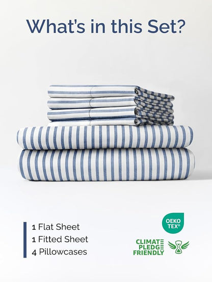 Extra Deep Queen Sheet Set - 6 Piece Breathable and Cooling Sheets - Hotel Luxury Bed Sheets Set - Easy Fit - Soft, Wrinkle Free and Comfy Sheets Set - Blue Striped Sheet Set with Extra Deep Pockets