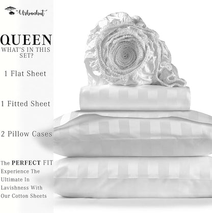 URBANHUT 1000 Thread Count Egyptian Cotton Sheets Damask Striped Queen Size, Long Staple Soft & Breathable, 4 Pc Bed Sheet Sets, Luxury Hotel Sateen Sheets Fits 16" Deep Pocket - White