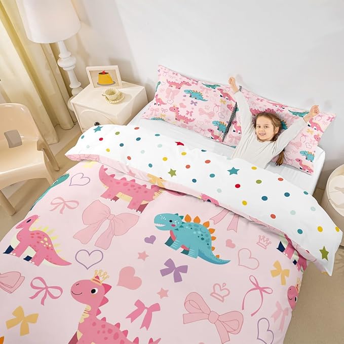 Cute Dino Bedding Sets Toddler Size,Kawaii Bowknot Heart Princess Style Reversible Duvet Cover 2Pcs for Kids Bedroom,Pink Dinosaur Bow Tie Cartoon Animal Quilt Cover,1 Pillowcase (No Comforter)