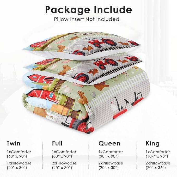 Twin Size Comforter Set with Pillowcase, Farm Tractor Animal Soft 2 Pcs Bedding for Kids and Adults, Barn House Cute Comforter Set for Room Bedroom Bed Decor