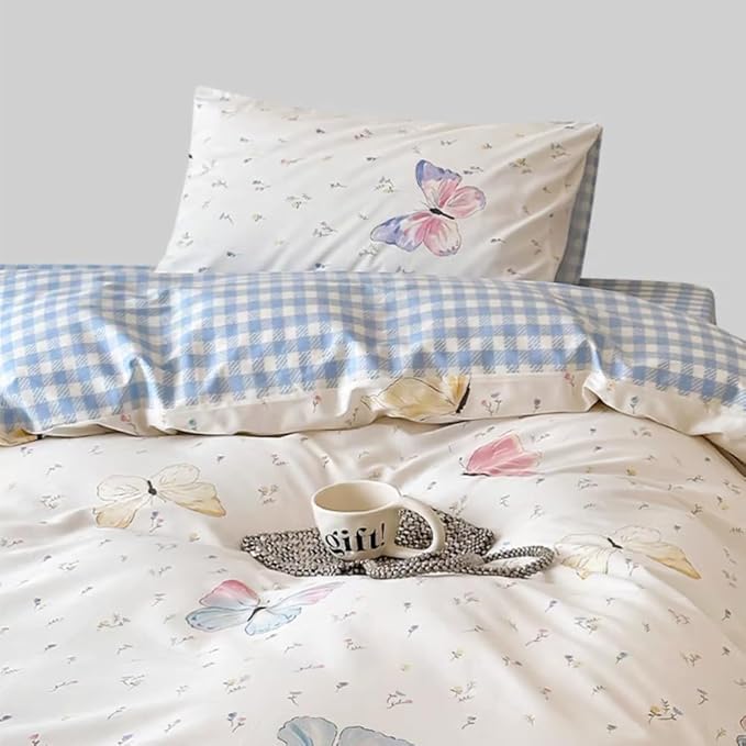 Butterfly Duvet Cover Queen Size Blue White Gingham Bedding Set 3 Pcs Kids Boys Girls Striped Spring Floral Butterflies Comforter Cover with Zipper Closure & Corner Ties