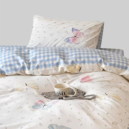 Butterfly Duvet Cover Queen Size Blue White Gingham Bedding Set 3 Pcs Kids Boys Girls Striped Spring Floral Butterflies Comforter Cover with Zipper Closure & Corner Ties