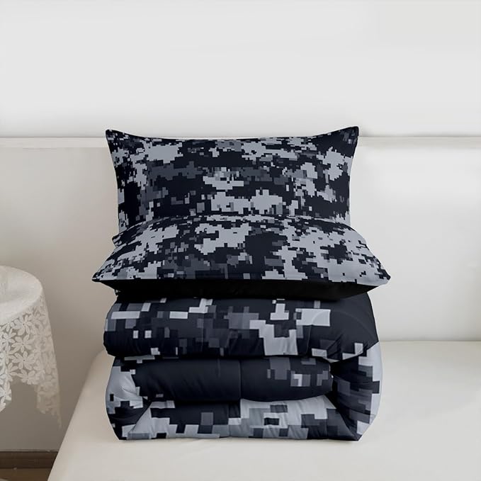 Castle Fairy Gray Pixelated Miners Gamer Bedding Sets Full Size,Cartoon Style Video Games Reversible Down Comforter Breathable Polyester Quilt Set,Black Checkered Grid Duvet Insert,2 Pillowcases