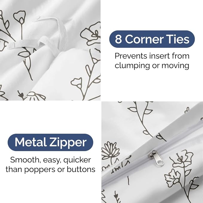 Duvet Cover King Size Set - Extra Soft Floral Duvet Cover 104 x 90 with 2 Pillow Shams - Comfy, Breathable Floral Bedding Set - Hotel Luxury Easy-Care & Fade Free with Zipper Closures & Ties - Plants
