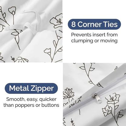 Duvet Cover King Size Set - Extra Soft Floral Duvet Cover 104 x 90 with 2 Pillow Shams - Comfy, Breathable Floral Bedding Set - Hotel Luxury Easy-Care & Fade Free with Zipper Closures & Ties - Plants