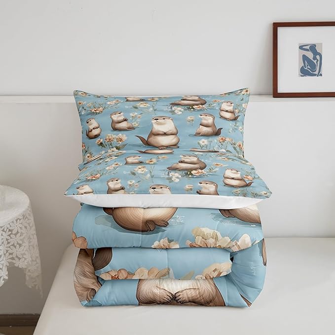 Cartoon Otter Bedding Sets Twin Size 2 Pcs Cute Gray Wild Animal Decor Comforter Set for Kids Boys Girls Teens Watercolor Retro Flowers Rustic Style Comforter Duvet Set with 1 Pillowcase