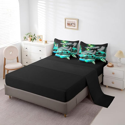 Feelyou Teal Racing Car 7 Piece Bedding Set King Size Extreme Sport Comforter Set with Sheets for Kids Boys Girls Teens Toddler Fast and Furious Bed in a Bag Black White Flag Bed Set
