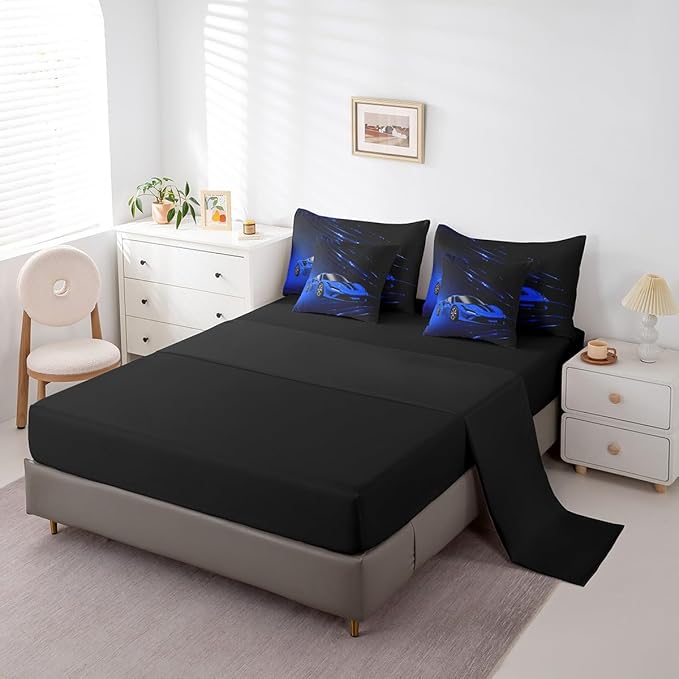 Feelyou Boys Blue Race Car 7 Piece Bedding Set Twin Size Speed Sports Car Comforter Set with Sheets for Kids Teens Adult Fast and Furious Bed in a Bag Blue Ombre Bed Set