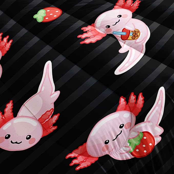 HOSIMA Kids Black Comforter Sets 3 Pieces,Cartoon Axolotl Bedding Sea Wildlife Cute Animals Theme Room Decor,Kawaii Bedding Set Strawberry Comforter King Size with 2 Pillowcases.