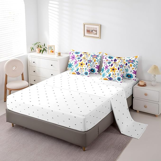 Feelyou Cute Flower Comforter Set with Sheets King Cute Flower Floral 7 Piece Bedding Set for Kids Girls Teens Toddler Cartoon Floral Bed in a Bag Yellow Purple Bed Set