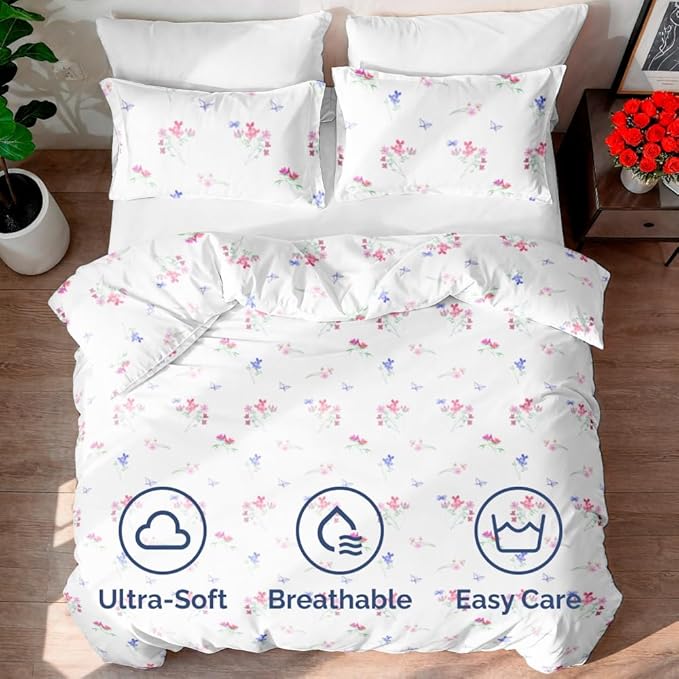 Duvet Cover Queen Size Set - Extra Soft Floral Duvet Cover 90 x 90 with 2 Pillow Shams - Comfy, Cozy Breathable Floral Bedding Set - Hotel Luxury Easy-Care & Fade Free w/ Zipper Closures & Ties - Posy