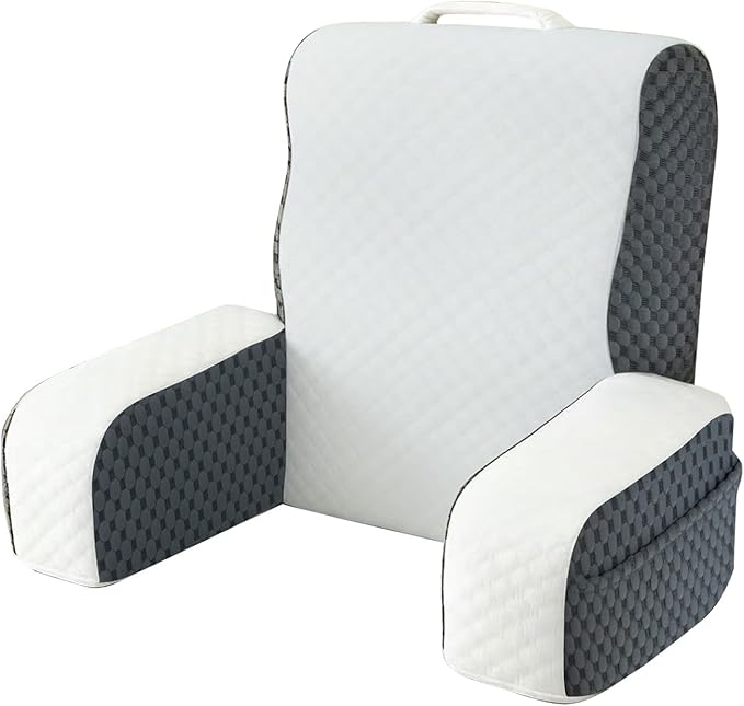Bed Reading Pillow Back Support with Arms, Removable Pillowcase for Book Working Gaming Resting Watching TV, White Gray/22in