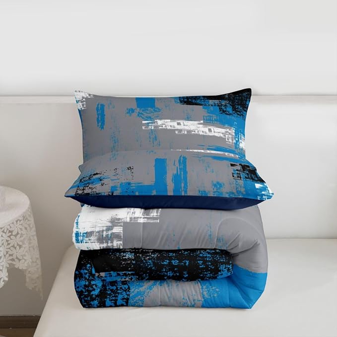 Feelyou Abstract Bedding Set Kids Modern Abstract Art Comforter Set Blue Grey Black Comforter for Boys Room Decor Lightweight Retro Duvet Set Full Size with 2 Pillow Case