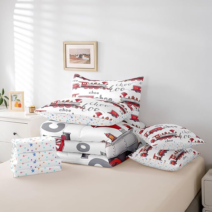 Feelyou Cartoon Car Bedding Set Kids Train Comforter Set with Sheets 7 Piece Full Size Boys Girls Choo-Choo Rail Roads Tracks Decor Bed in a Bag Microfiber Train Construction Bed Set Bedroom