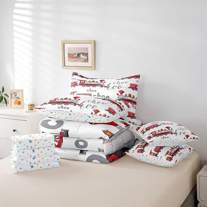 Feelyou Cartoon Car Bedding Set Kids Train Comforter Set with Sheets 7 Piece Full Size Boys Girls Choo-Choo Rail Roads Tracks Decor Bed in a Bag Microfiber Train Construction Bed Set Bedroom