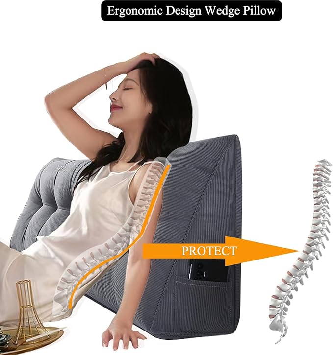 SAMTY Husband headboard Pillow Large Back Rest Support Reading Pillows for Sitting in Bed for Adults Triangle Velvet Wedge Pillow headboard King Size, Grey
