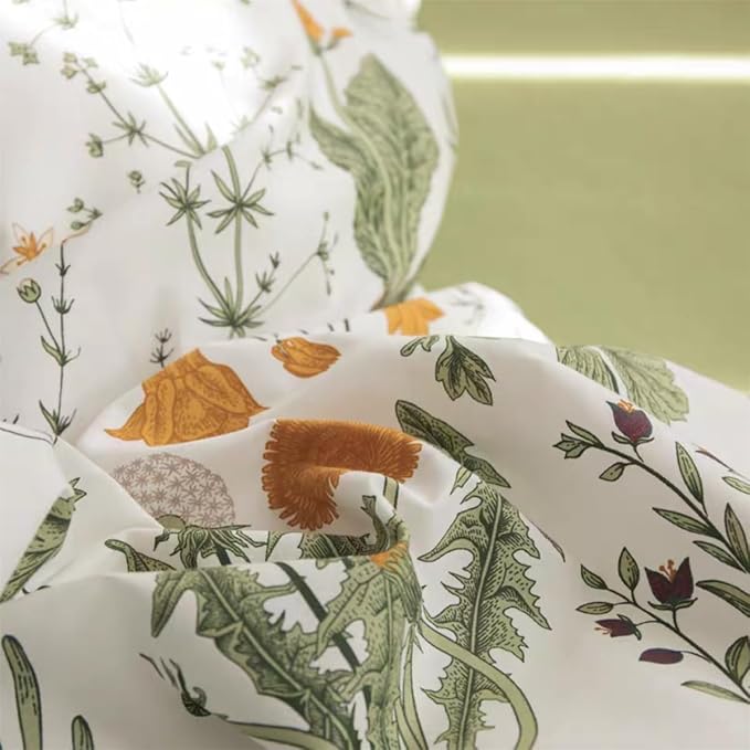 Floral Duvet Cover Queen Size Green Floral Botanical Bedding Set with Yellow Flower Kids Boys Girls Vintage Garden Style Fall Reversible Soft Breathable Microfiber Duvet Cover Set, 3 Pieces