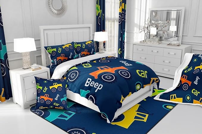 Feelyou Cartoon Car Bedding Set Construction Kids Comforter Set Boys Girls Equipment Trucks Decor Comforter Microfiber Cartoon Car Excavator Tractor Duvet Set Bedroom Quilt Set Twin With 1 Pillow Case