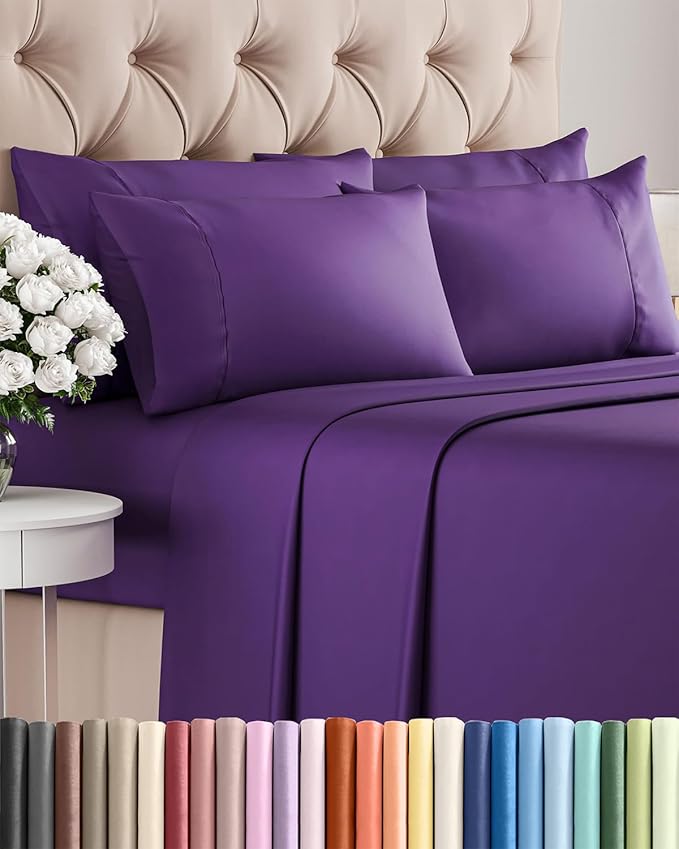 Full 6 Piece Sheet Set - Comfy Breathable & Cooling - Ultra Soft Hotel Luxury Bedding Set w/ 8-16 Inch Deep Pockets - 1 Flat & 1 Fitted Sheet & 4 Pillowcases - Cozy, Wrinkle Free & Easy Care - Purple