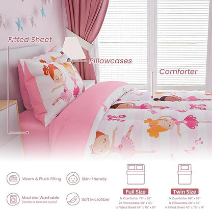 SANDJEST Ballet Full Bedding Sets for Girls, Ultra Soft Microfiber Comforter Set with 4-Pieces, Comforters Kids Bed Set for Children Teen Tween Bedroom Decor
