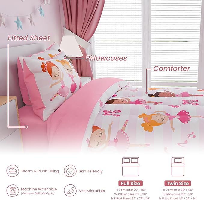 SANDJEST Ballet Twin Bedding Sets for Girls, Ultra Soft Microfiber Comforter Set with 3-Pieces, Comforters Kids Bed Set for Children Teen Tween Bedroom Decor