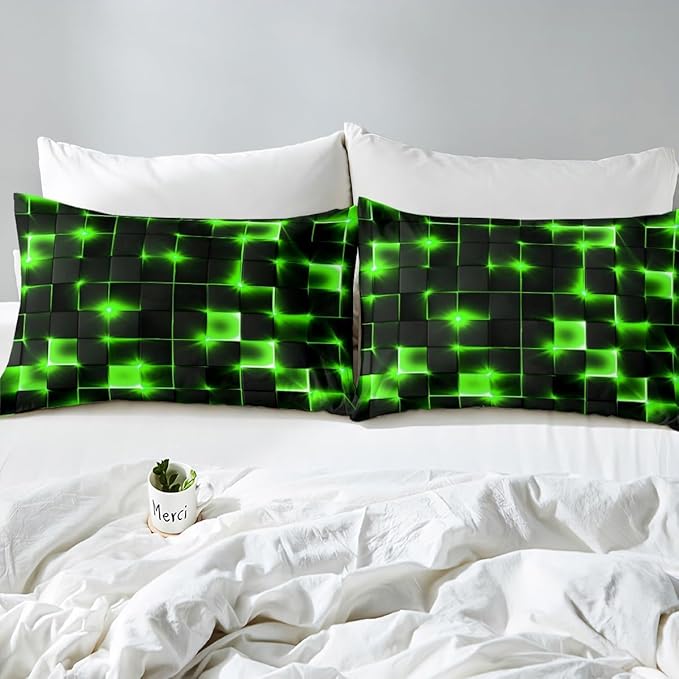 Castle Fairy Bedding Set King Size for Teens,3D Modern Abstract Square Grid Comforter Cover with 2 Pillowcases,Green Neon Light Geometric Print Duvet Cover Set Microfiber Quilt Cover
