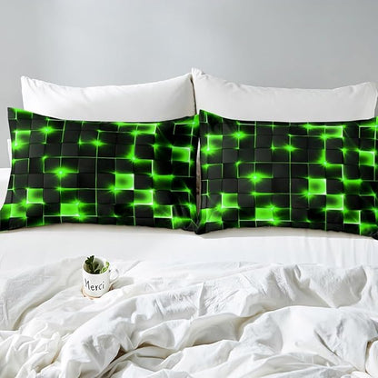 Castle Fairy Duvet Cover Set Full Size,3D Modern Abstract Square Grid Comforter Cover with 2 Pillowcases,Green Neon Light Geometric Print Breathable Bedspread for Boys Teens