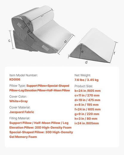 VEVOR Wedge Pillow for Sleeping, 4 Pcs Adjustable Orthopedic Bed Wedge Set, Support Leg Neck Shoulder, Post Surgery Pillow for Back Pain, Acid Reflux, Snoring Relief, Sitting up in Bed, White/Grey