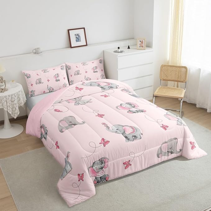 Cute Elephant Kids Comforter Set Twin Size,Pink Butterfly Cartoon Wildlife Reversible Bedding Set for Teens Bedroom,Watercolor Grey Animal Kawaii Quilted Duvet with 1 Pillowcase