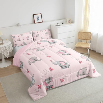 Cute Elephant Kids Comforter Set Twin Size,Pink Butterfly Cartoon Wildlife Reversible Bedding Set for Teens Bedroom,Watercolor Grey Animal Kawaii Quilted Duvet with 1 Pillowcase