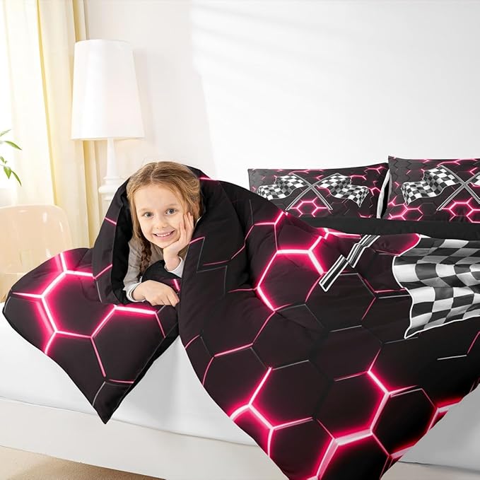 Black White Flag Geometric Bedding Set Twin Size Fashion Red Neon Light Honeycomb Comforter Set for Kids Boys Teens Games Room,3D Checkered Flag Quilted Duvet Race Sports Gaming Duvet Insert 2pcs
