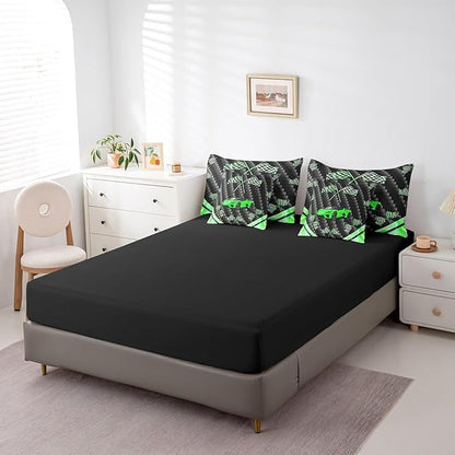 Feelyou Green Race Car 7 Piece Bedding Set Full Size Extreme Sports Comforter Set with Sheets for Kids Teens Adult Fast and Furious Bed in a Bag Dazzling Flag Bed Set