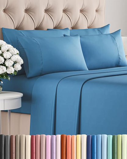 Cal King 6 Piece Sheet Set - Comfy Breathable & Cooling - Soft Hotel Luxury Bedding Set with 8-16 Inch Deep Pockets - 1 Flat & 1 Fitted Sheet & 4 Pillowcases - Wrinkle Free & Easy Care - Denim Blue