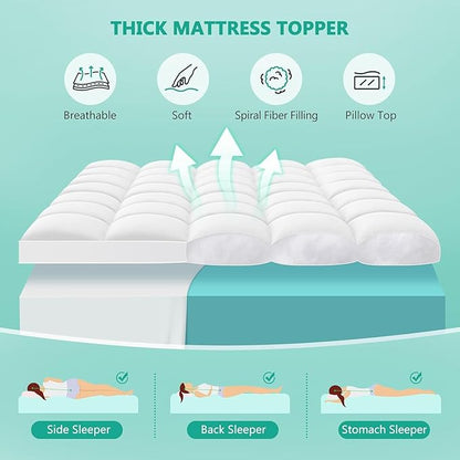 California King Mattress Topper - Extra Thick Mattress Pad Cover - Pillow Top with Soft Breathable Spiral Fiber Filling, 8-21 Inch Deep Pocket, Cooling, White